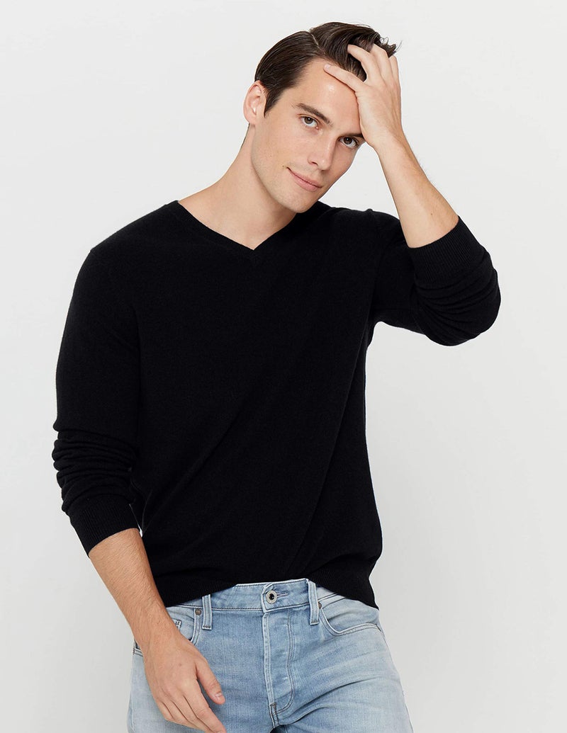 State Cashmere Men's Essential V-Neck Sweater 100% Pure Cashmere Classic Long Sleeve Pullover (Black, XX-Large) - Image 3